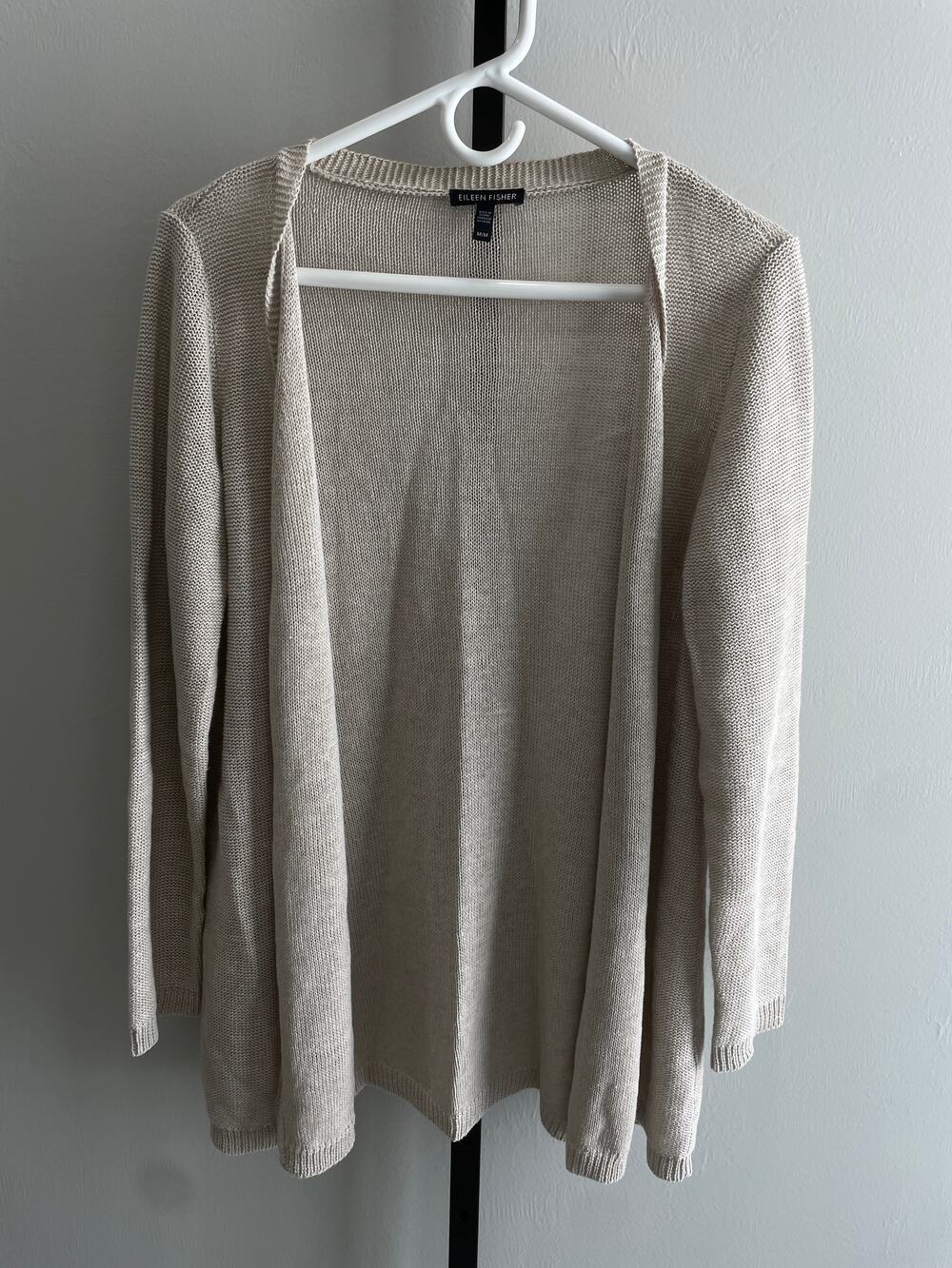 Eileen Fisher Cardigan Women M Beige 100% Organic Linen Loose Knit Button Front